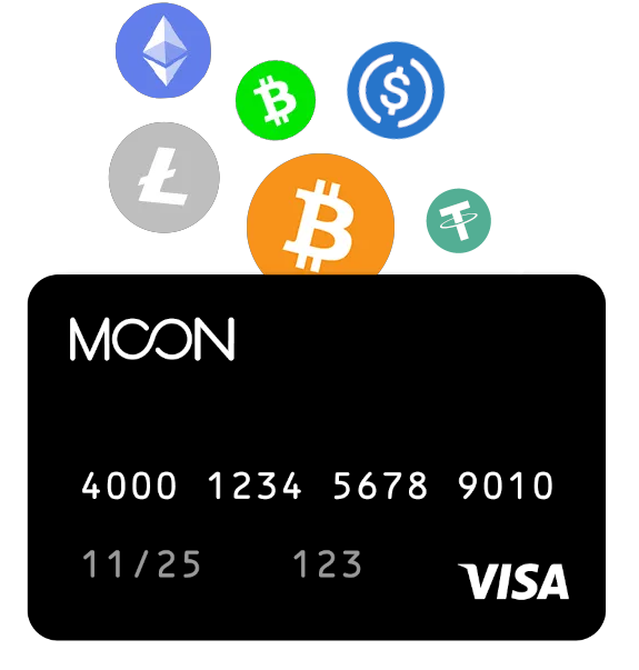 Moon cards can be purchased with a variety of cryptocurrency including Bitcoin, Lightning, USDC, USDT, Ether, Bitcoin Cash, and Litecoin